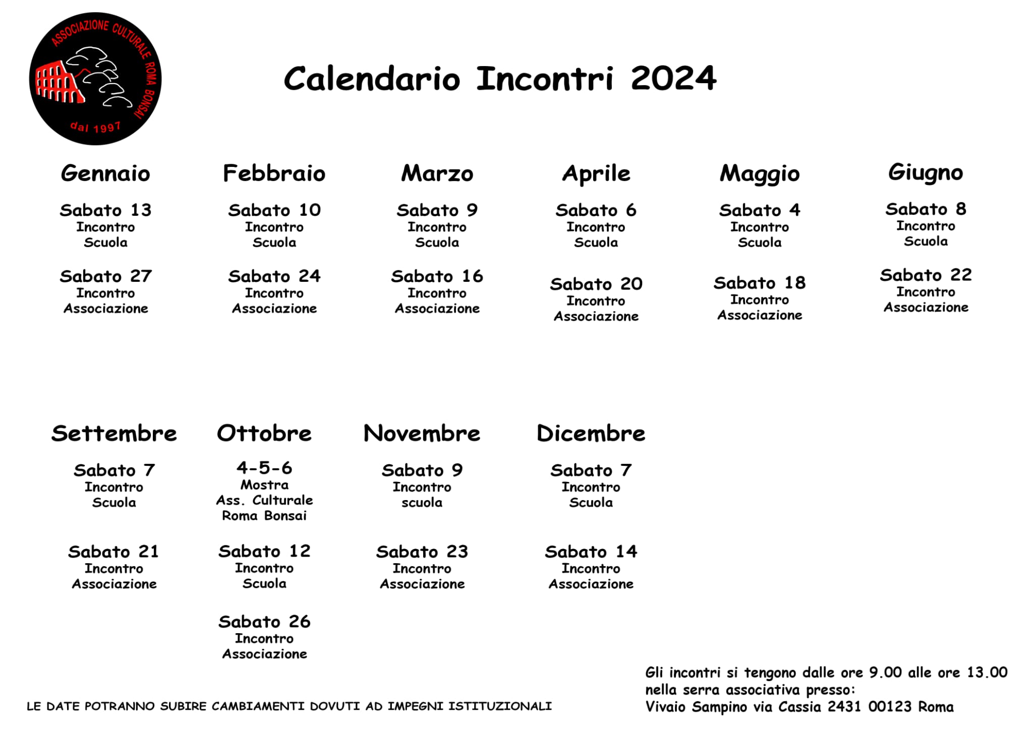 Calendario Eventi Mostra Corso Bonsai a Roma
